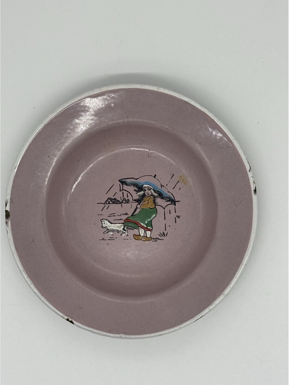 Vintage 7" Pink Enamel Deep Plate Dutch Girl & Dog Child’s Nursery Ware